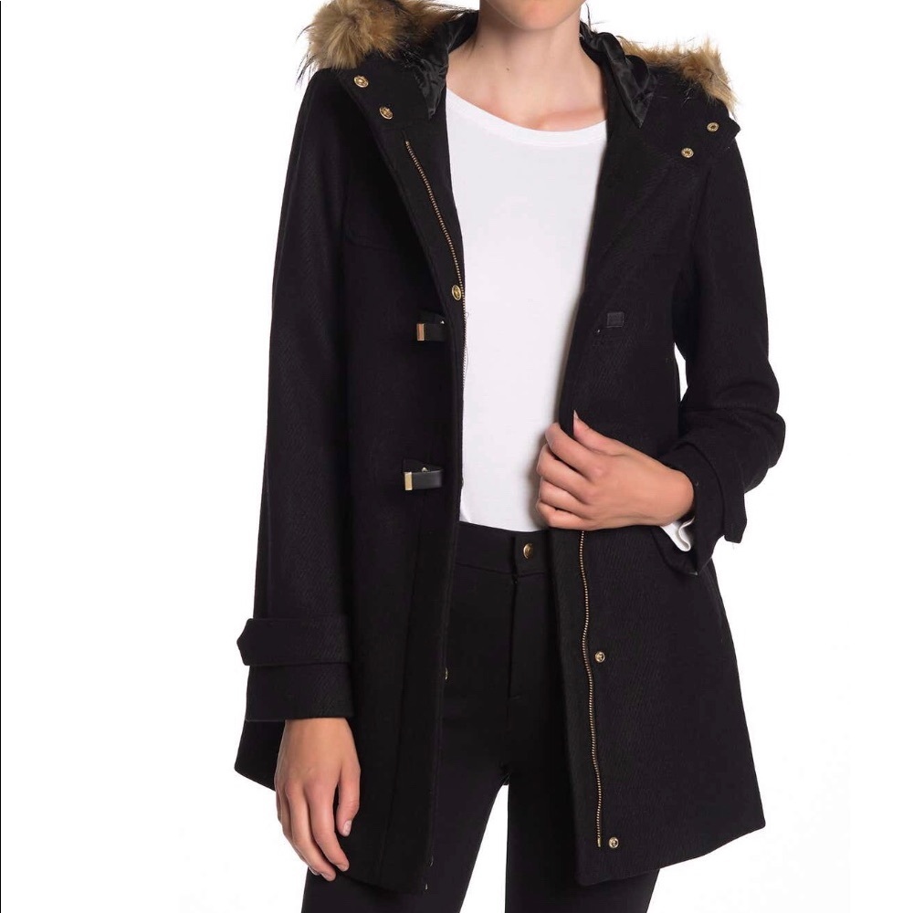 Cole Haan Wool Blend Faux Fur Trim Hooded Coat